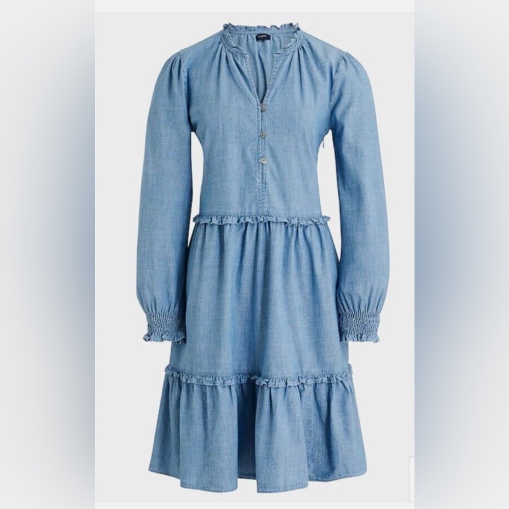 NWT JCrew Chambray Denim Ruffle Long Sleeve Dress - Zero